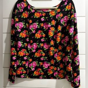 Betsey Johnson Top Y2K Floral Roses Stretch Paneled Sheer Shoulder Size Large